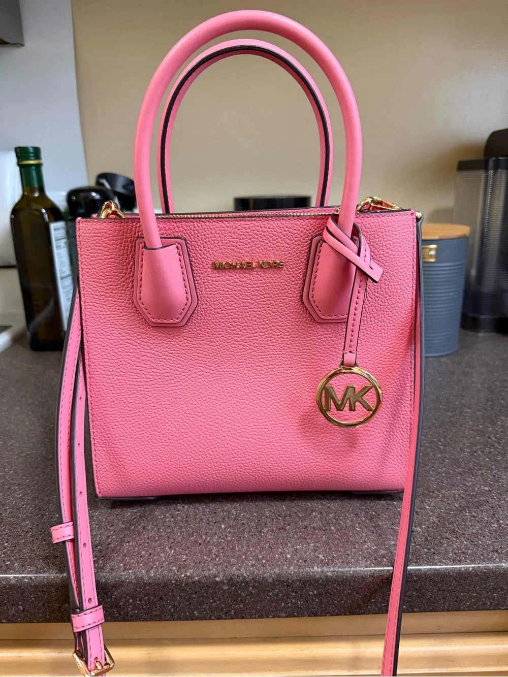 Michael Kors Mercer Medium Pink Pebbled Leather Crossbody Satchel 35S1GM9M2L